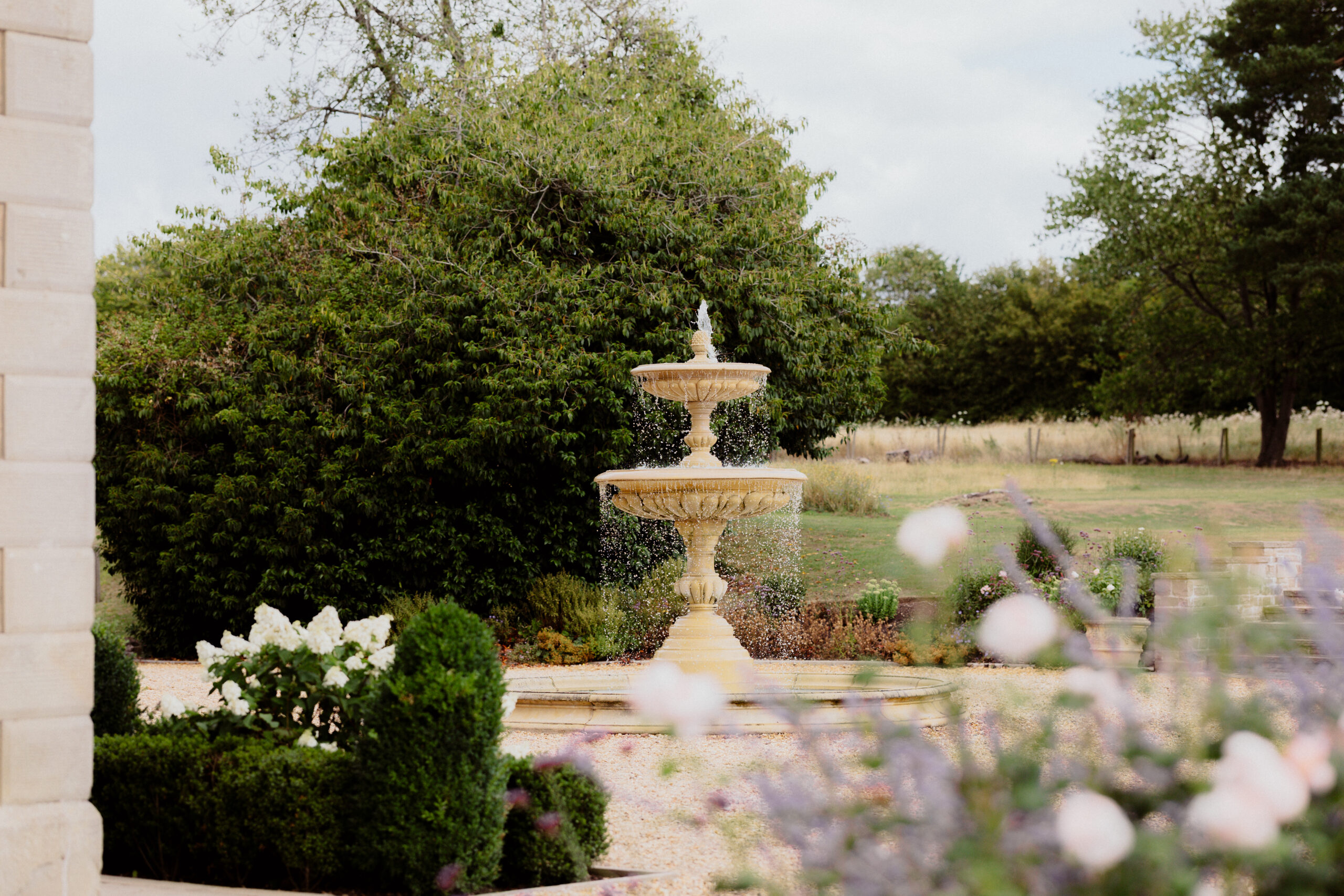 bride and groom embracing each other in field, sky is gold